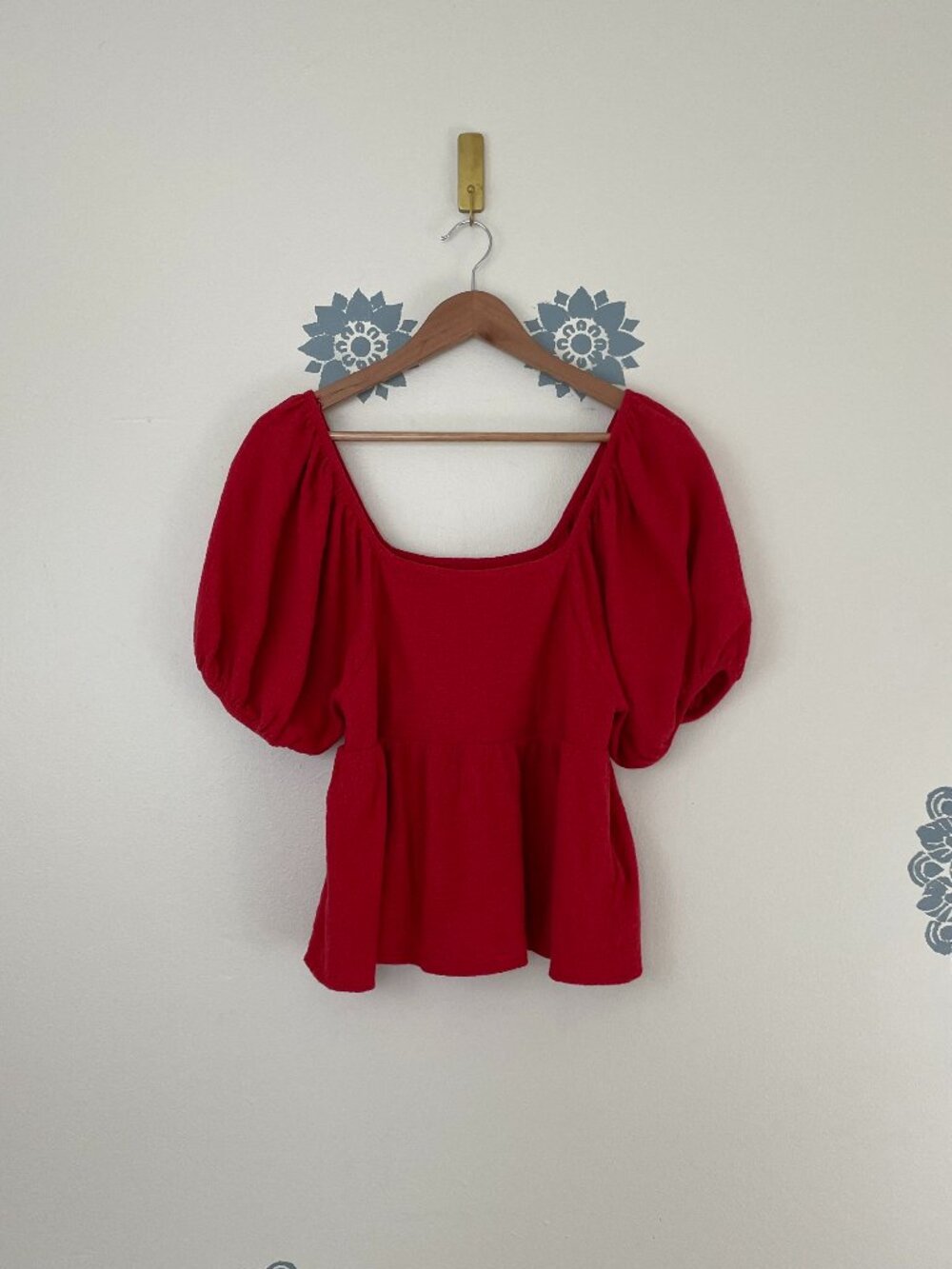 Madewell Red Dot Puff Sleeve Square Neck Peplum Top Size Small